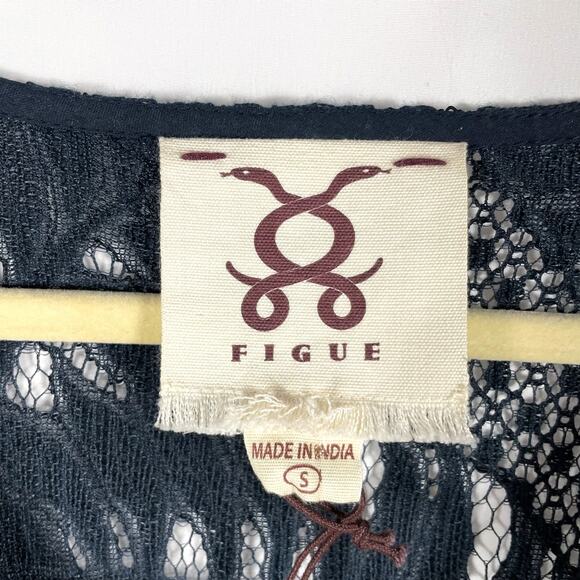 Figue Lace Midi Dress Black V-Neck Button Down‎ Tasseled Short Sleeve Sz S - Picture 6 of 7